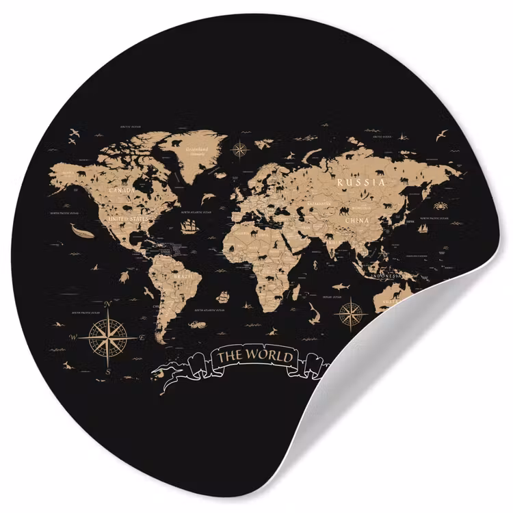 Wereldkaart - Beige - Zwart Wandcirkel behangsticker klein -3d