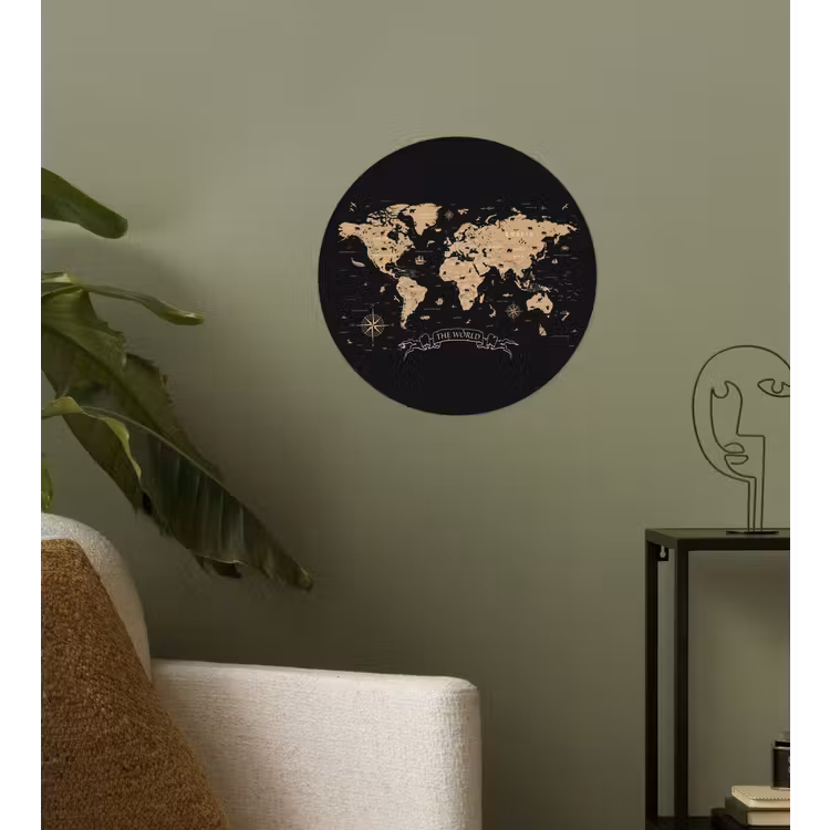 Wereldkaart - Beige - Zwart Wandcirkel behangsticker klein -sfeer2