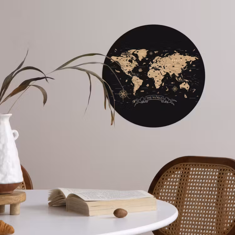 Wereldkaart - Beige - Zwart Wandcirkel behangsticker klein -sfeer3