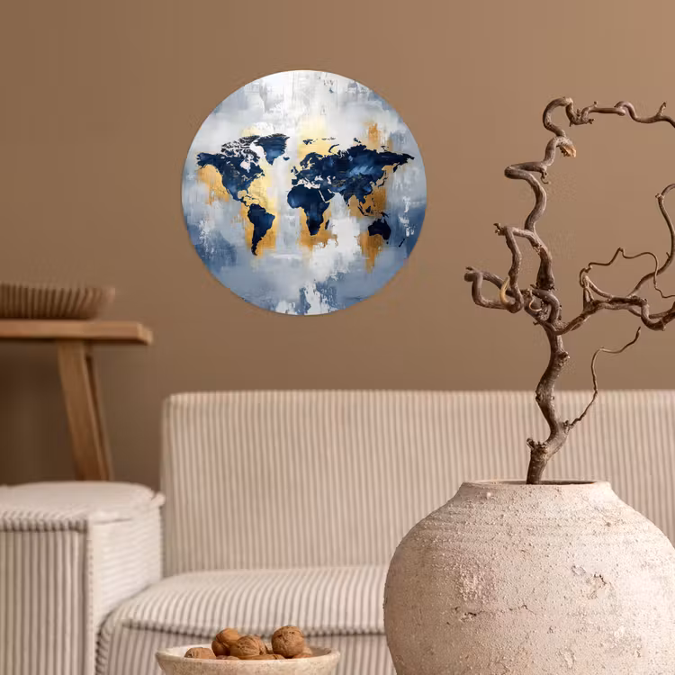 Wereldkaart - Blauw - Abstract Wandcirkel behangsticker klein -sfeer1