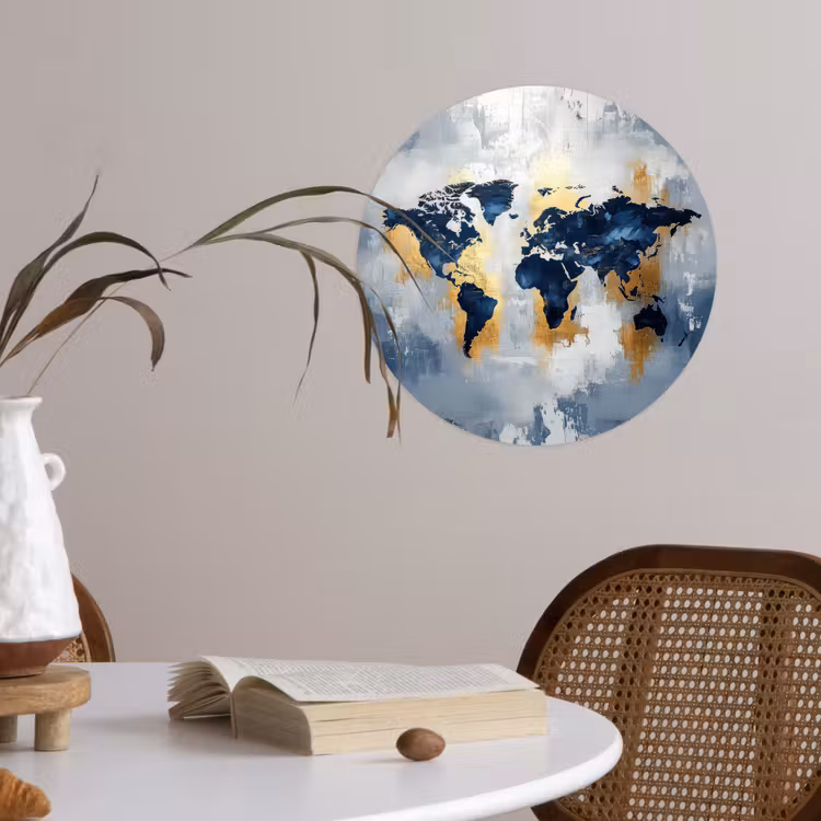 Wereldkaart - Blauw - Abstract Wandcirkel behangsticker klein -sfeer3