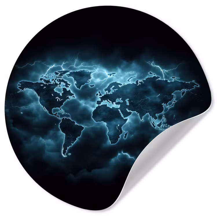 Wereldkaart - Bliksem - Blauw Wandcirkel behangsticker klein -3d
