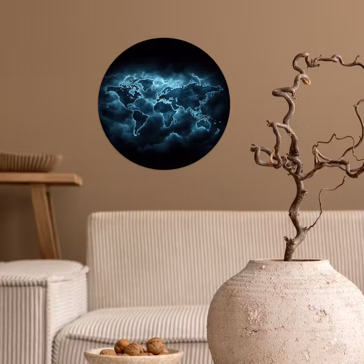 Wereldkaart - Bliksem - Blauw Wandcirkel behangsticker klein -sfeer1