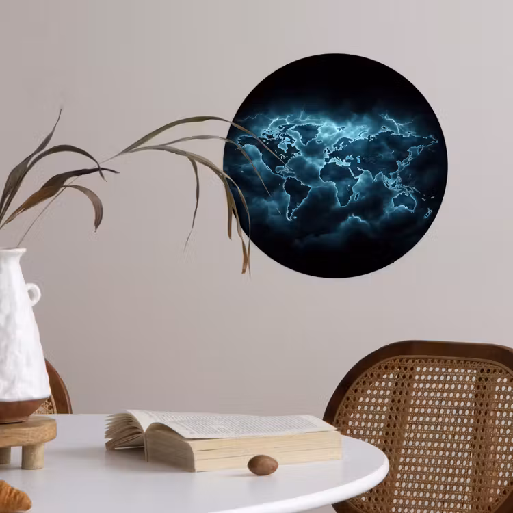 Wereldkaart - Bliksem - Blauw Wandcirkel behangsticker klein -sfeer3
