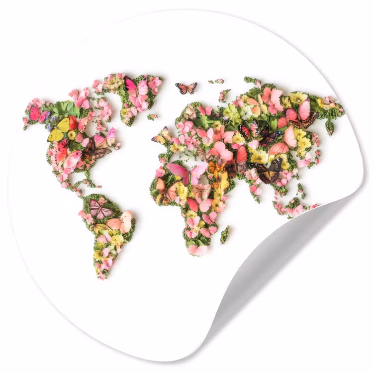 Wereldkaart - Bloemen - Felgekleurd Wandcirkel behangsticker klein -3d