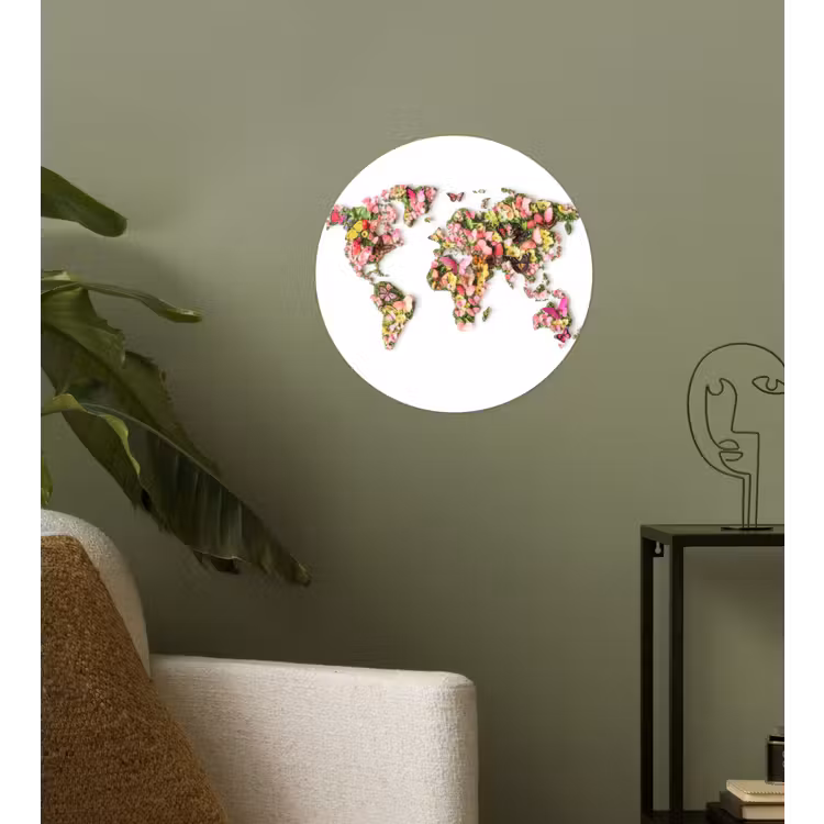 Wereldkaart - Bloemen - Felgekleurd Wandcirkel behangsticker klein -sfeer2