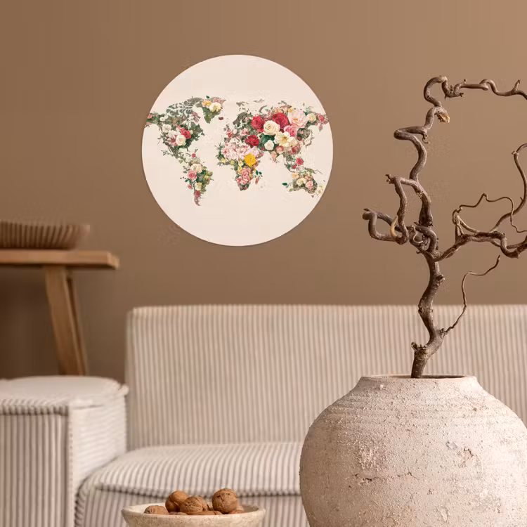 Wereldkaart - Bloemen - Roze Wandcirkel behangsticker klein -sfeer1