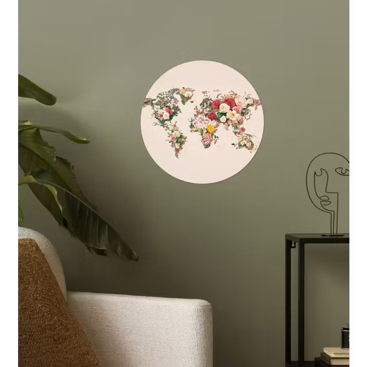 Wereldkaart - Bloemen - Roze Wandcirkel behangsticker klein -sfeer2