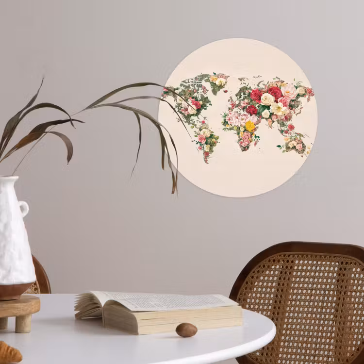 Wereldkaart - Bloemen - Roze Wandcirkel behangsticker klein -sfeer3