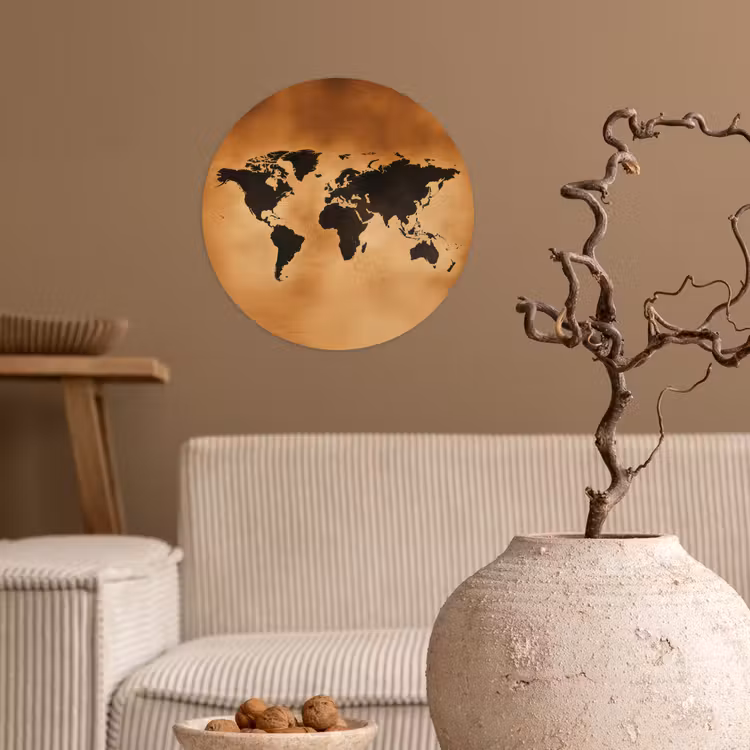 Wereldkaart - Bruin - Kaart Wandcirkel behangsticker klein -sfeer1