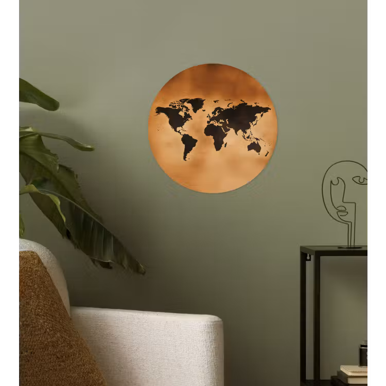 Wereldkaart - Bruin - Kaart Wandcirkel behangsticker klein -sfeer2