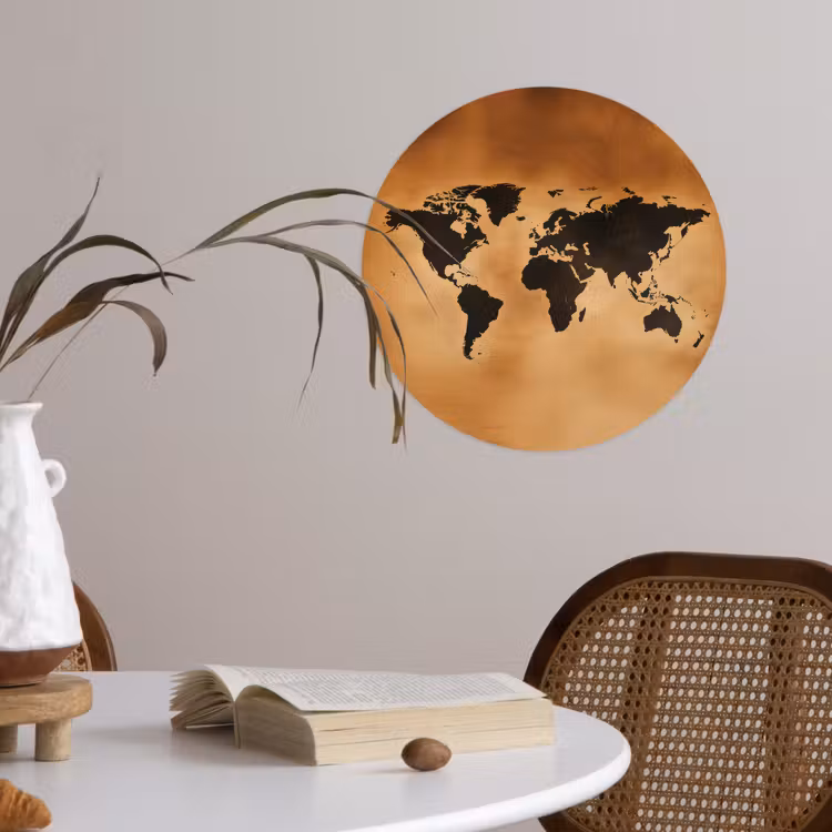 Wereldkaart - Bruin - Kaart Wandcirkel behangsticker klein -sfeer3