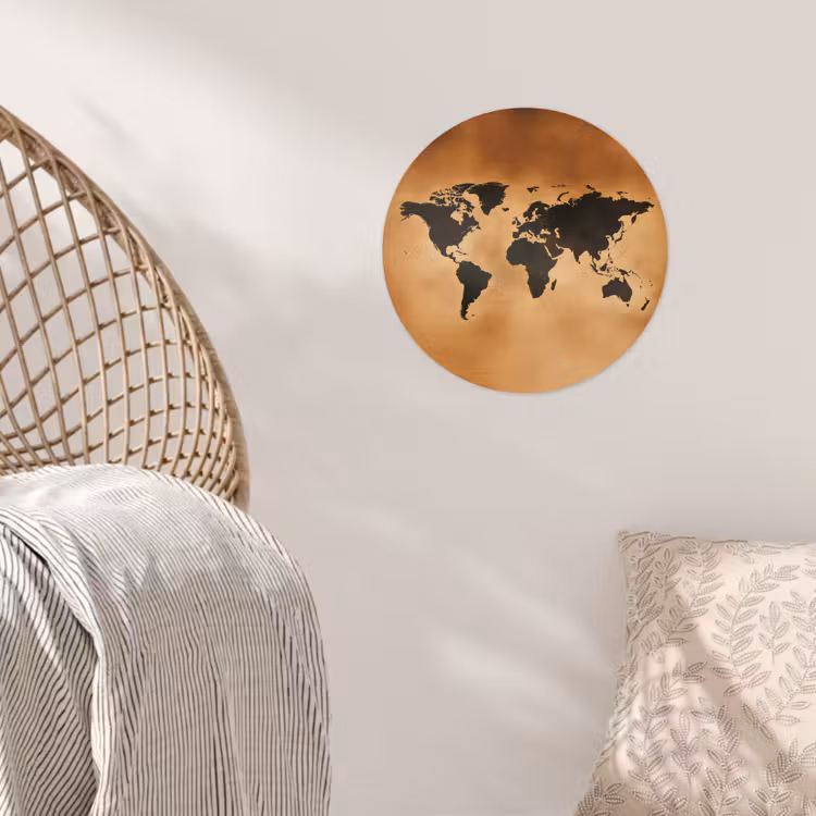 Wereldkaart - Bruin - Kaart Wandcirkel behangsticker klein -sfeer4