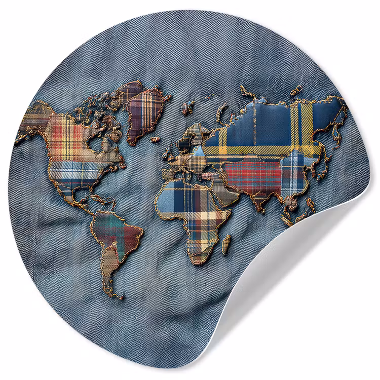Wereldkaart - Denim - Textiel Wandcirkel behangsticker klein -3d