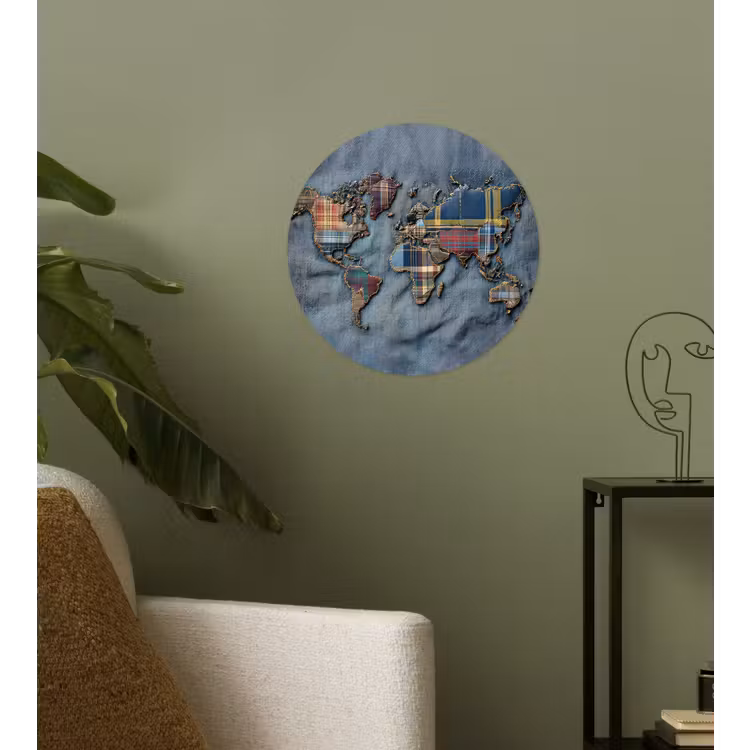 Wereldkaart - Denim - Textiel Wandcirkel behangsticker klein -sfeer2