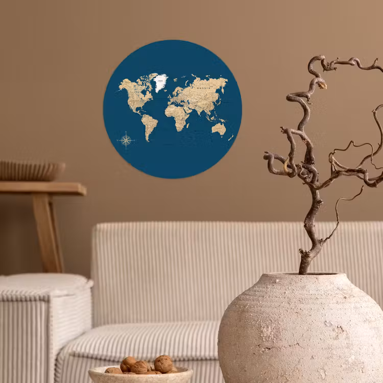 Wereldkaart - Donkerblauw - Beige Wandcirkel behangsticker klein -sfeer1