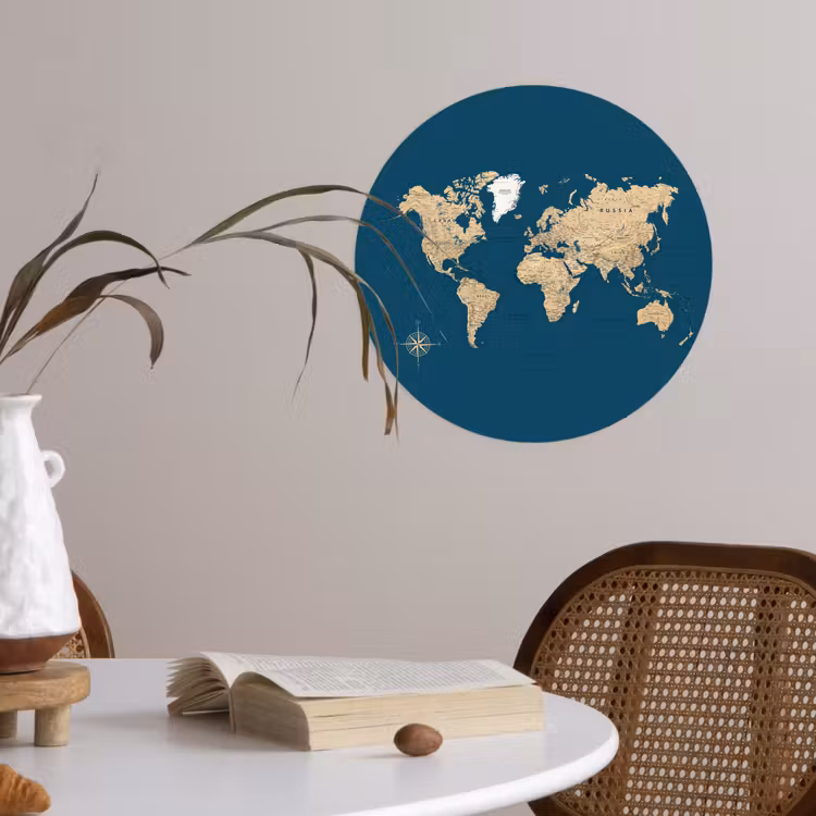 Wereldkaart - Donkerblauw - Beige Wandcirkel behangsticker klein -sfeer3