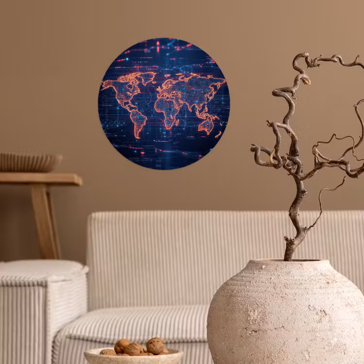Wereldkaart - Futuristisch - Oranje Wandcirkel behangsticker klein -sfeer1