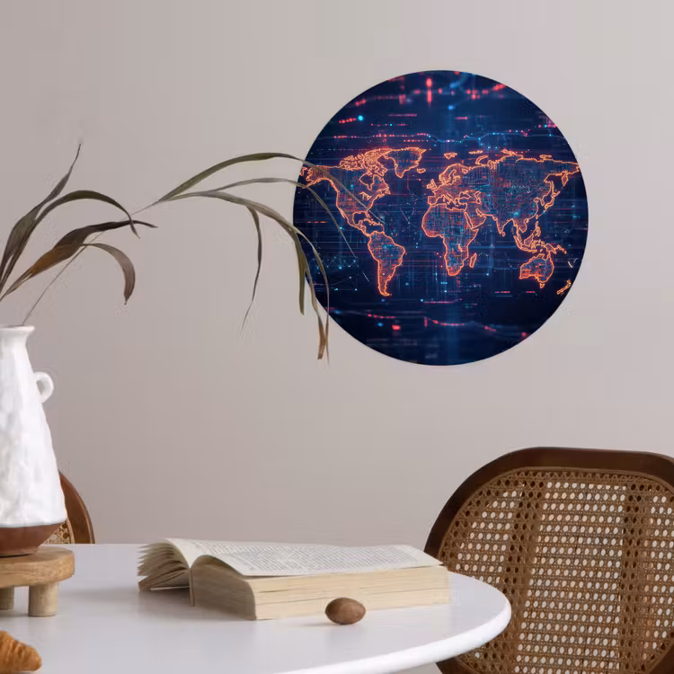 Wereldkaart - Futuristisch - Oranje Wandcirkel behangsticker klein -sfeer3