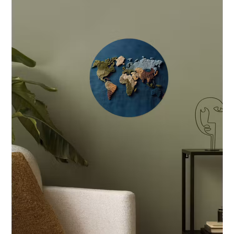 Wereldkaart - Geborduurd - Verschillende tinten Wandcirkel behangsticker klein -sfeer2