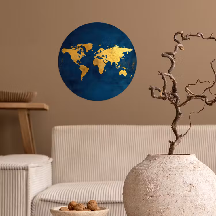 Wereldkaart - Goud - Donkerblauw Wandcirkel behangsticker klein -sfeer1