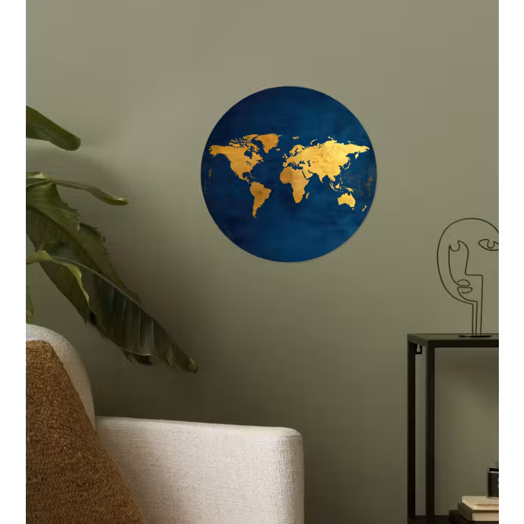 Wereldkaart - Goud - Donkerblauw Wandcirkel behangsticker klein -sfeer2