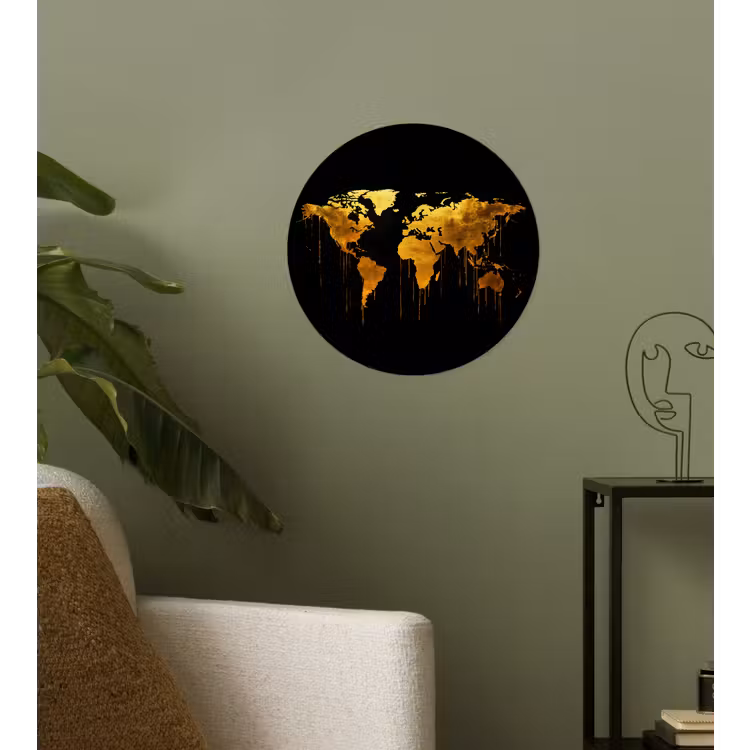 Wereldkaart - Goud - Druipen - Zwart Wandcirkel behangsticker klein -sfeer2