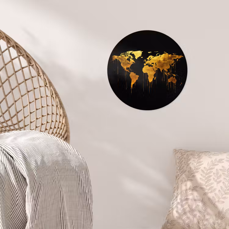 Wereldkaart - Goud - Druipen - Zwart Wandcirkel behangsticker klein -sfeer4