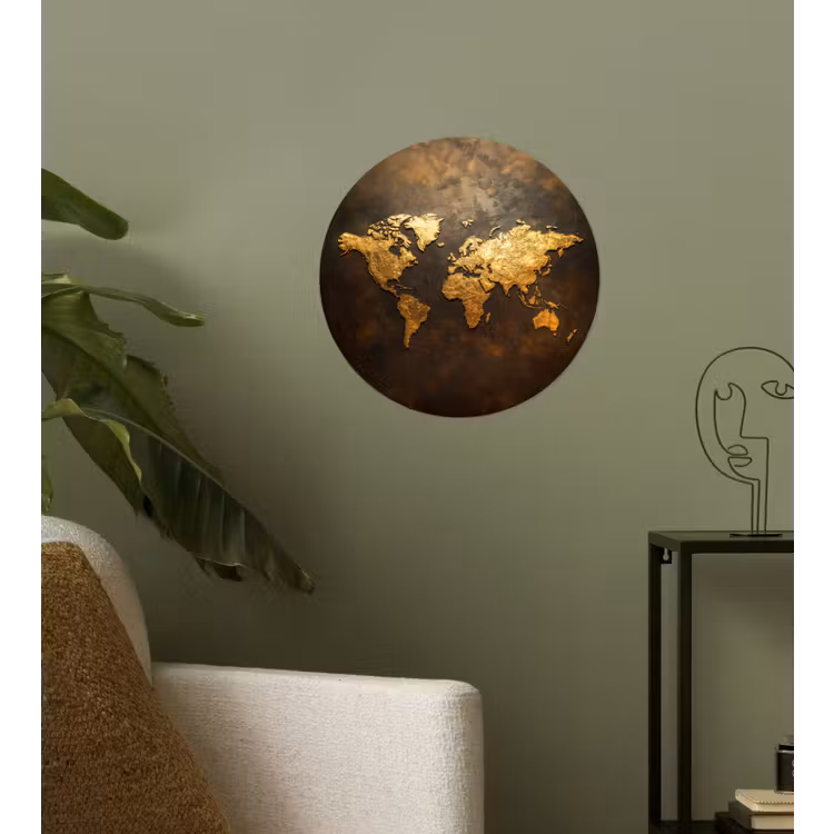 Wereldkaart - Goud - Roest Wandcirkel behangsticker klein -sfeer2