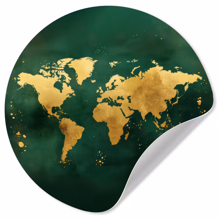 Wereldkaart - Groen - Goud Wandcirkel behangsticker klein -3d