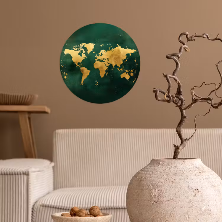 Wereldkaart - Groen - Goud Wandcirkel behangsticker klein -sfeer1