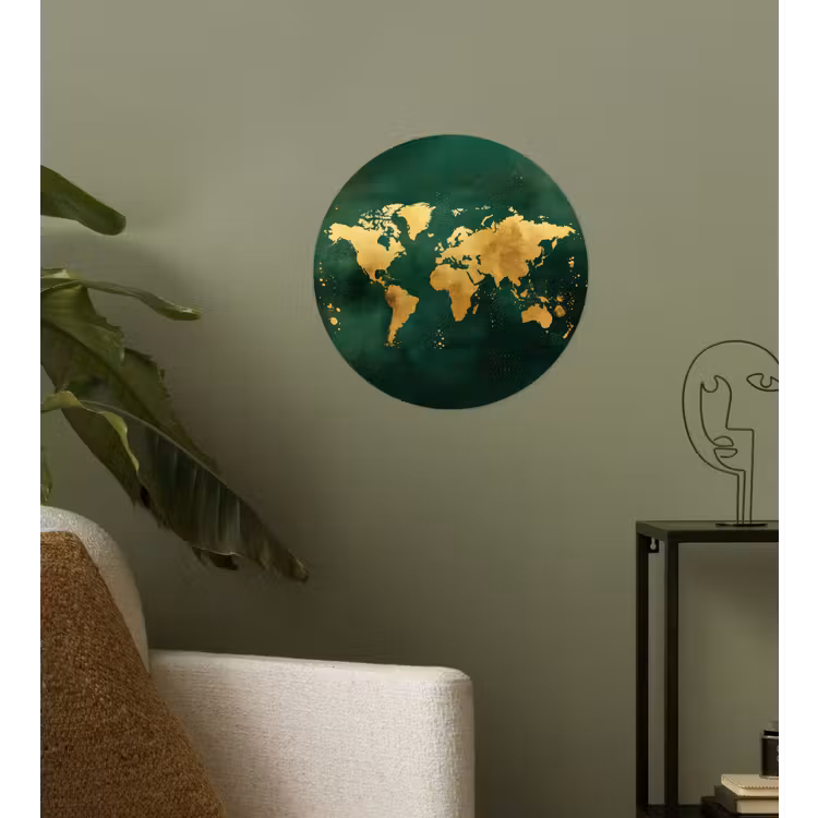 Wereldkaart - Groen - Goud Wandcirkel behangsticker klein -sfeer2
