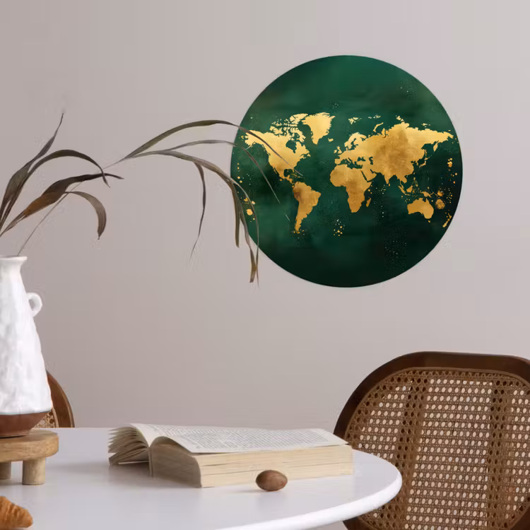 Wereldkaart - Groen - Goud Wandcirkel behangsticker klein -sfeer3