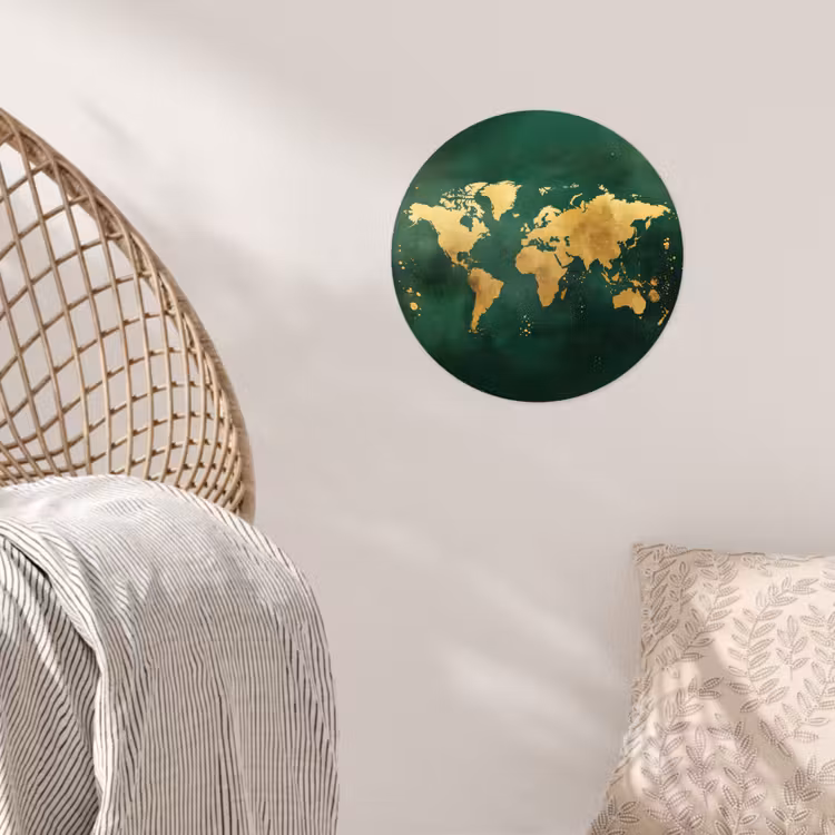 Wereldkaart - Groen - Goud Wandcirkel behangsticker klein -sfeer4