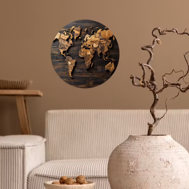 Wereldkaart - Hout - Mozaïek Wandcirkel behangsticker klein -sfeer1