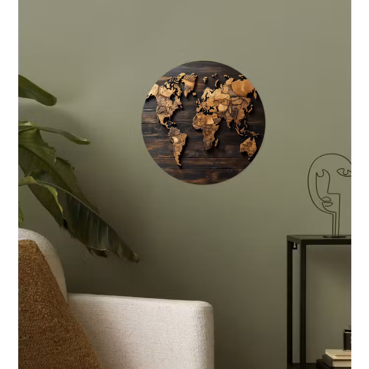 Wereldkaart - Hout - Mozaïek Wandcirkel behangsticker klein -sfeer2