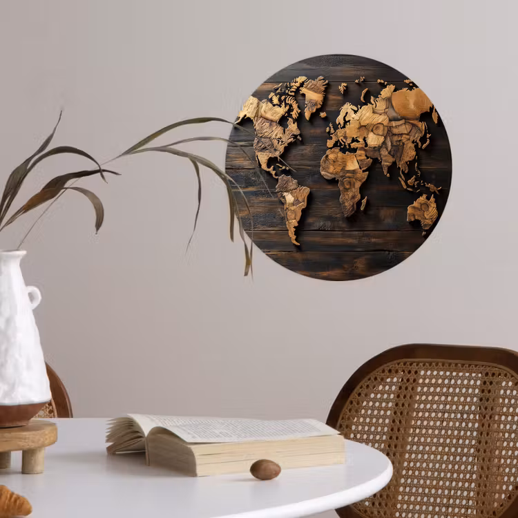 Wereldkaart - Hout - Mozaïek Wandcirkel behangsticker klein -sfeer3