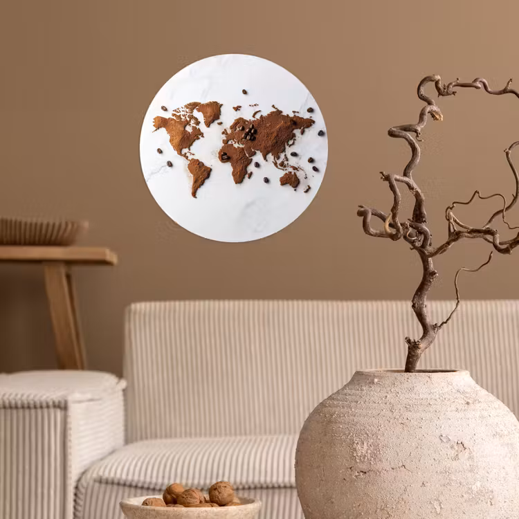 Wereldkaart - Koffie - Marmer Wandcirkel behangsticker klein -sfeer1