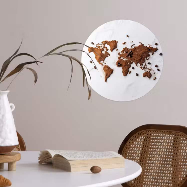 Wereldkaart - Koffie - Marmer Wandcirkel behangsticker klein -sfeer3