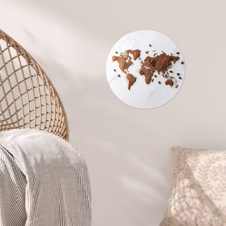 Wereldkaart - Koffie - Marmer Wandcirkel behangsticker klein -sfeer4