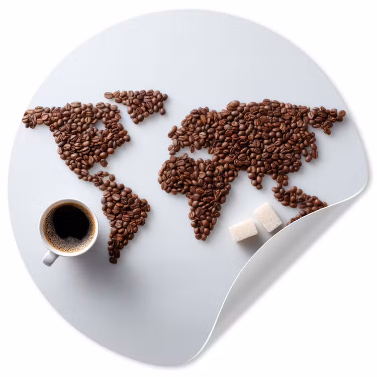 Wereldkaart - Koffiebonen - Suikerklontjes Wandcirkel behangsticker klein -3d