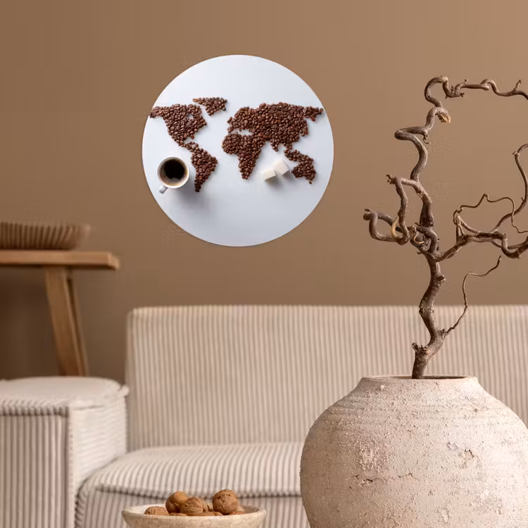 Wereldkaart - Koffiebonen - Suikerklontjes Wandcirkel behangsticker klein -sfeer1