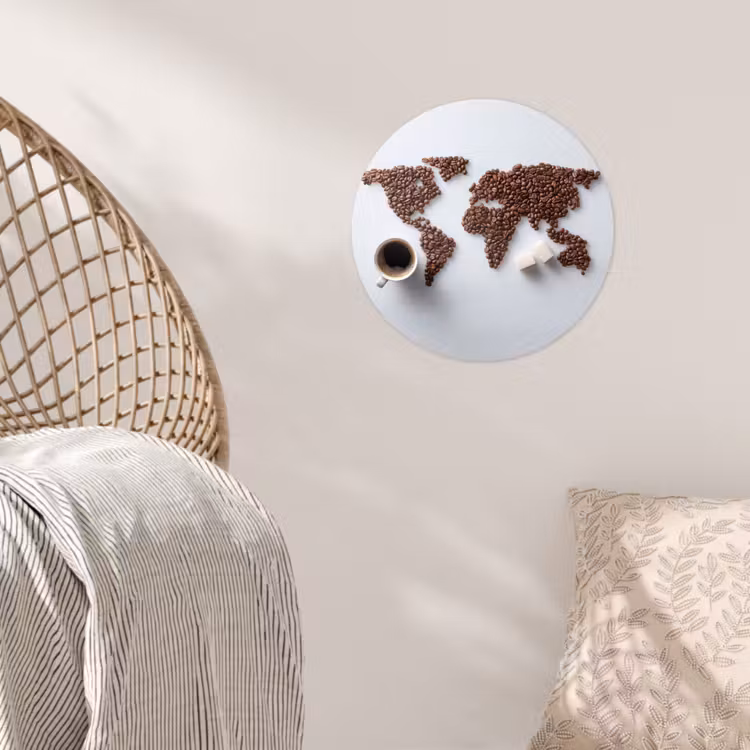 Wereldkaart - Koffiebonen - Suikerklontjes Wandcirkel behangsticker klein -sfeer4