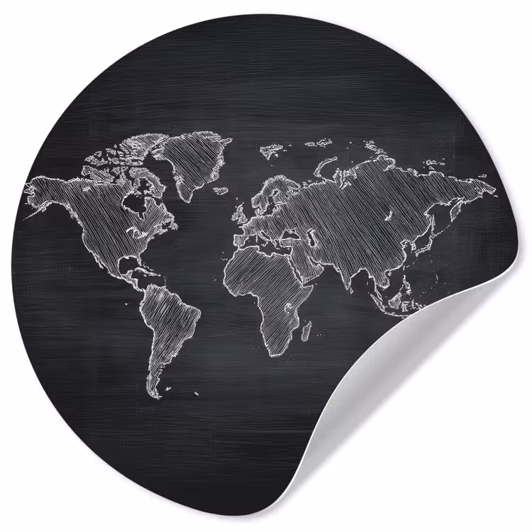 Wereldkaart - Krijt - Zwart - minimalistisch Wandcirkel behangsticker klein -3d