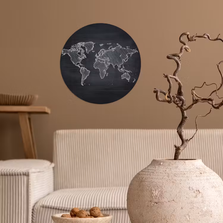 Wereldkaart - Krijt - Zwart - minimalistisch Wandcirkel behangsticker klein -sfeer1