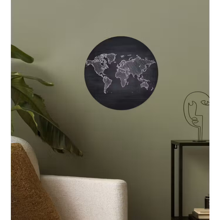 Wereldkaart - Krijt - Zwart - minimalistisch Wandcirkel behangsticker klein -sfeer2