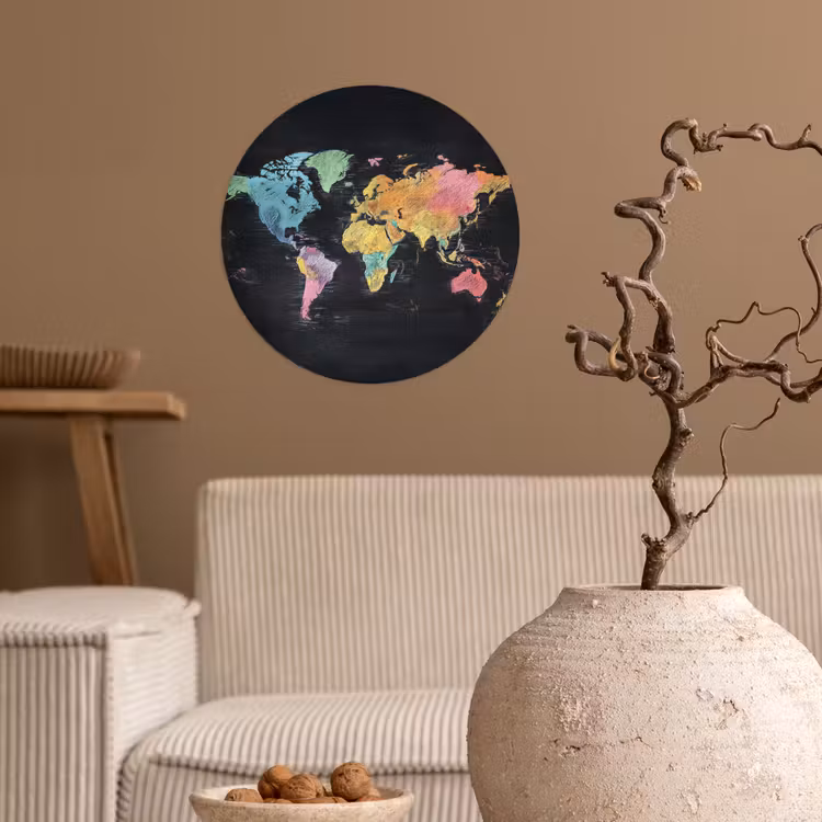 Wereldkaart - Krijtstrepen - Regenboog Wandcirkel behangsticker klein -sfeer1