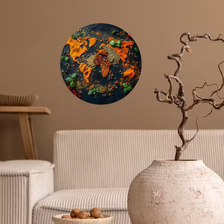 Wereldkaart - Kruiden - Levendige kleuren Wandcirkel behangsticker klein -sfeer1