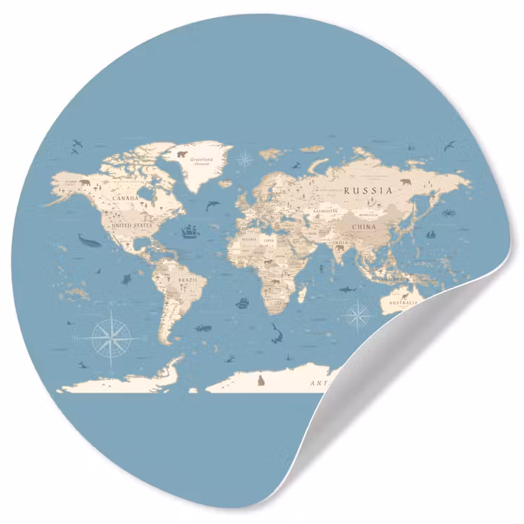 Wereldkaart - Oceaan - Realistisch - Blauw Wandcirkel behangsticker klein -3d