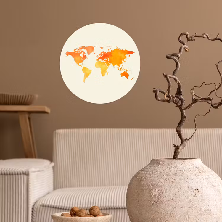 Wereldkaart - Oranje - Kleurrijk Wandcirkel behangsticker klein -sfeer1
